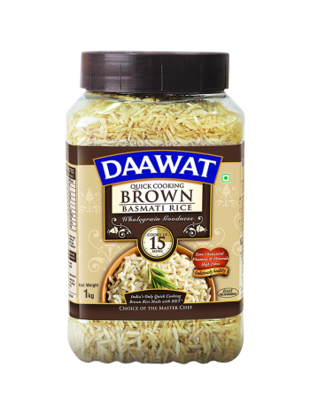 Daawat Brown, Cooks in 15-minute, Full Bran Intact, Fibre-Rich Basmati Rice Jar (1Kg)